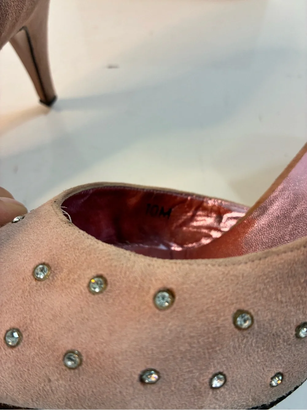 Garolini 10M Women’s Suede Pointed Toe Slip-On Rhinestone Pink Pumps Italy READ